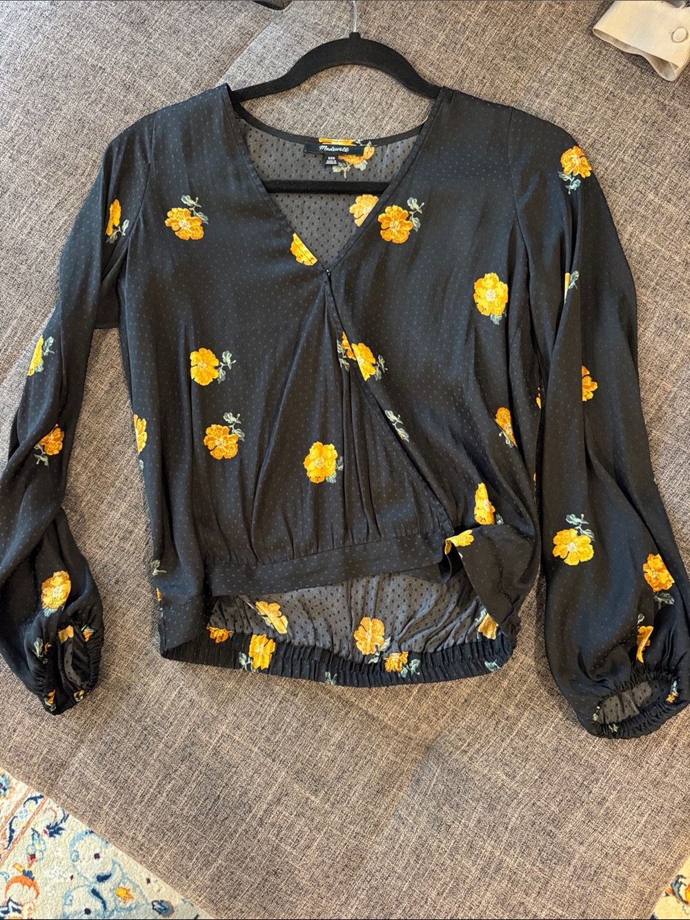 Madewell Floral Wrap-Front Long Sleeve Top in Black and Yellow- XXS